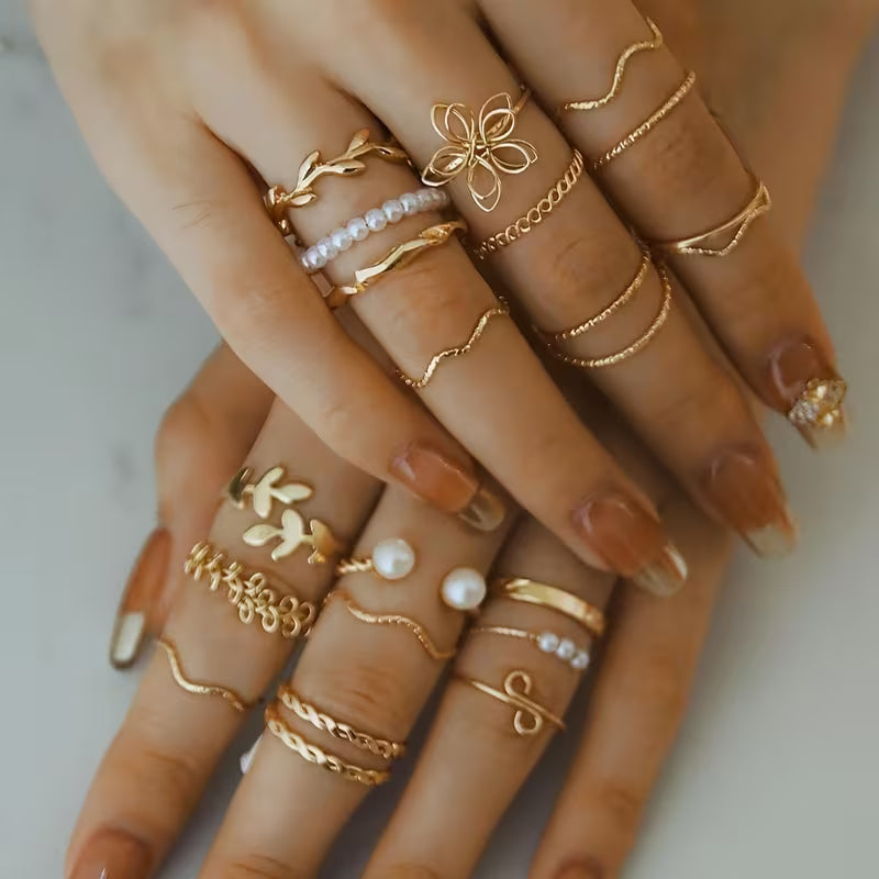 💍🌿 20pcs French Bohemian Leaf & Flower Ring Set