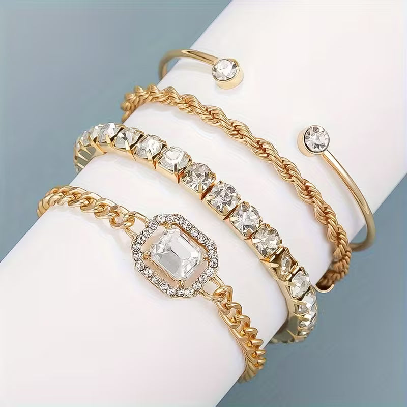 4pcs Women's Statement Punk Style Twisted Chain Rhinestone Bracelet Set