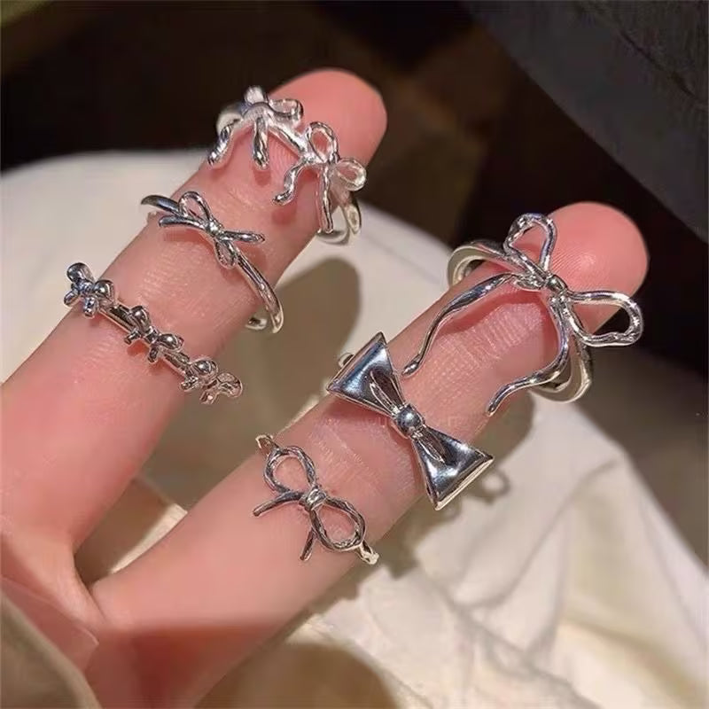 💍✨ New 6pcs Elegant Sweet Lady Silvery Bow Ring Set ✨💍